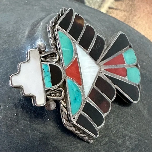 Rare Very Old Vintage Zuni Knifewing Brooch Pin Sterling Silver Inlay Turquoise - Picture 3 of 4